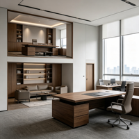 Aménagement d'Intérieur de Bureau Moderne : Hall Central Courbé, Postes de Travail Ouverts, Salles de Réunion Privées, Mur Végétal, Mobilier Commercial