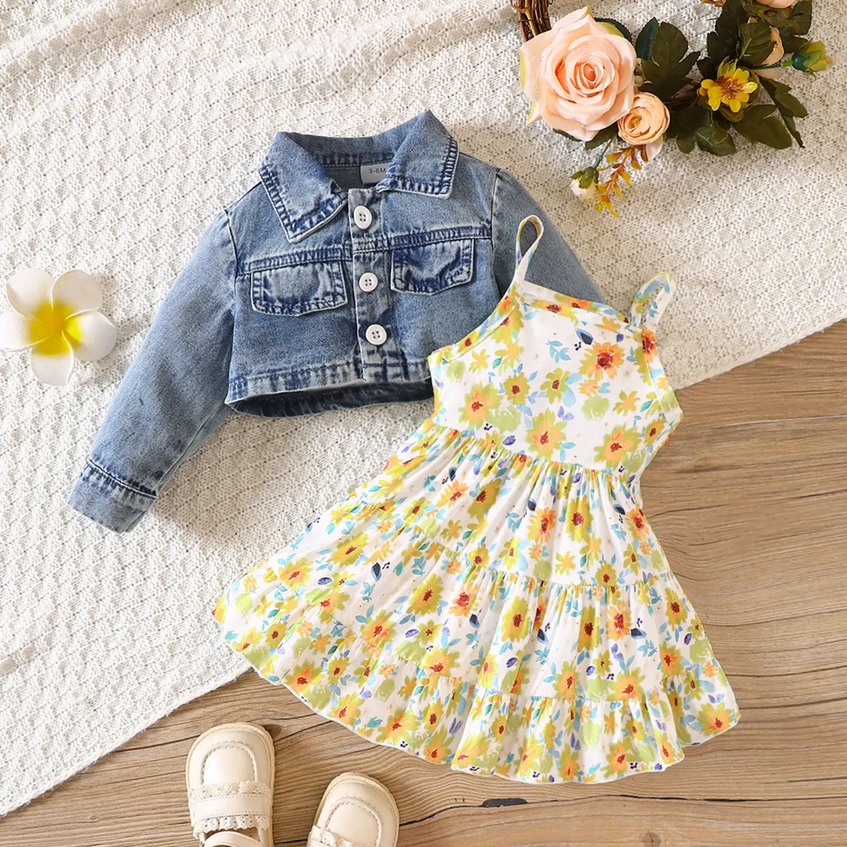 Gaun gaya Eropa musim semi anak perempuan, gaun putri bunga dengan mantel koboi, gaun ulang tahun anak perempuan bayi balita