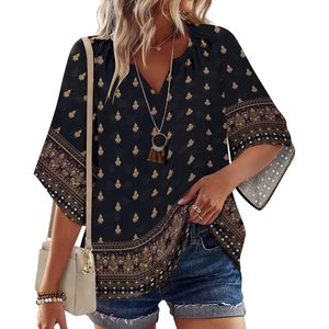 Blusa Bohemia para Mujer, Manga 3/4, Cuello en V, Estampado Floral, Corte Holgado, Túnica Informal de Chifón, para Uso Diario - Product Image 2