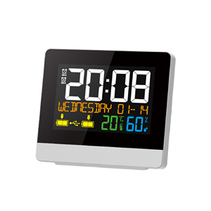 Modern Desk <span class=keywords><strong>Clock</strong></span> Digital com <span class=keywords><strong>Display</strong></span> <span class=keywords><strong>LCD</strong></span> Colorido Carregamento USB Temperatura Interior e Umidade Movimento Eletrônico Amostra Grátis - Product Image 4