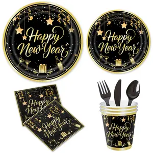 Feliz Año Nuevo Fiesta Vajilla Platos Negro Dorado Fiesta Platos de papel Tazas Servilletas Suministros para fiestas