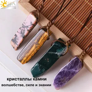 Colliers pendentifs en barre de cristal de pierre précieuse naturelle brute irrégulière en corde cirée, énergie curative, bijoux de mode <span class=keywords><strong>CSJA</strong></span> pour femmes H090 - Product Image 2