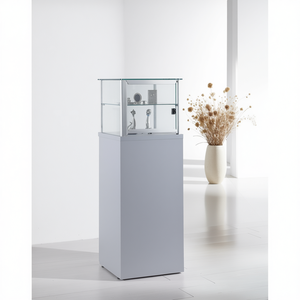 Vitrine moderne avec profilés en aluminium 45x45x135cm, base gris clair, porte à charnières verrouillable en verre trempé, étagère réglable - Product Image 3