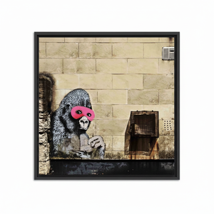 Elegant Banksy Gorilla in Pink Mask Printed Canvas Artwork,<b>BLACK</b> <b>FRAMED</b> CANVAS - Product Image 2