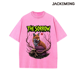 Camiseta Oversize <span class=keywords><strong>de</strong></span> Algodón Lavado con Estampado <span class=keywords><strong>de</strong></span> Calavera <span class=keywords><strong>de</strong></span> Zorro <span class=keywords><strong>de</strong></span> Terror y Luna Roja, Estilo Retro Urbano, Informal Diaria, Almacén <span class=keywords><strong>de</strong></span> EE. UU. - Product Image 5