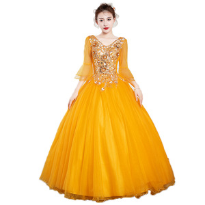 Golden Yellow Long Evening Gown With Embellished Bodice And Puffy Skirt For Women Stage <b>Performance</b> <b>Wear</b> - Product Image 5