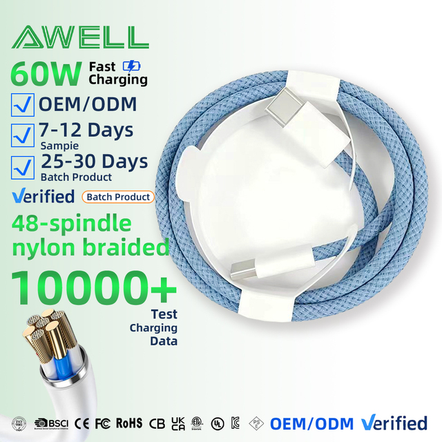 Nylon Braided USB-C to C PD 60W Fast Charging Data Cable High Quality for Mobile Phones Max Computer
