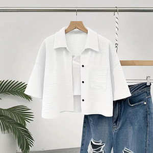Frühling Sommer Damen Revers Crop Kurzarm-Hemd Modische Lässige Einfarbige Knopf-Taschen Midi-Länge Bluse - Product Image 2