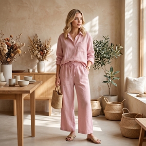 Completo Casual da Donna in <span class=keywords><strong>Cotone</strong></span> a Tinta Unita, 2 Pezzi: Pantaloni Larghi a Vita Alta e Camicia a Maniche Lunghe, Abbigliamento Estivo - Product Image 1