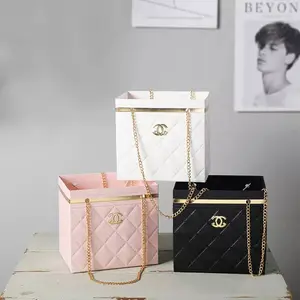 2pcs New Folding Environmental Protection Flower Carrier Bag Gold Chain Flower Bouquet Packaging Bag Rose Gift Box
