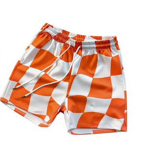Shorts de sport décontractés pour hommes, à carreaux orange et blanc, séchage rapide, avec cordon de serrage, taille mi-haute, en tissu satiné - Product Image 1