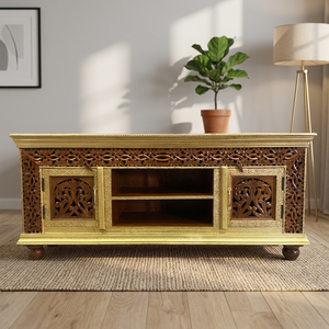 Meuble TV traditionnel en bois sculpté à la main avec finitions en laiton antique pour salon / salle de séjour / hall d'entrée Rajasthan - Product Image 6