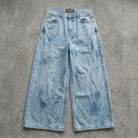 Jeans Rectos de Hombre Personalizados, Azul Claro Lavado, Cintura Alta, Corte Holgado, con Costuras Curvas y Bordado de Esqueleto de Pez en el Bolsillo Trasero