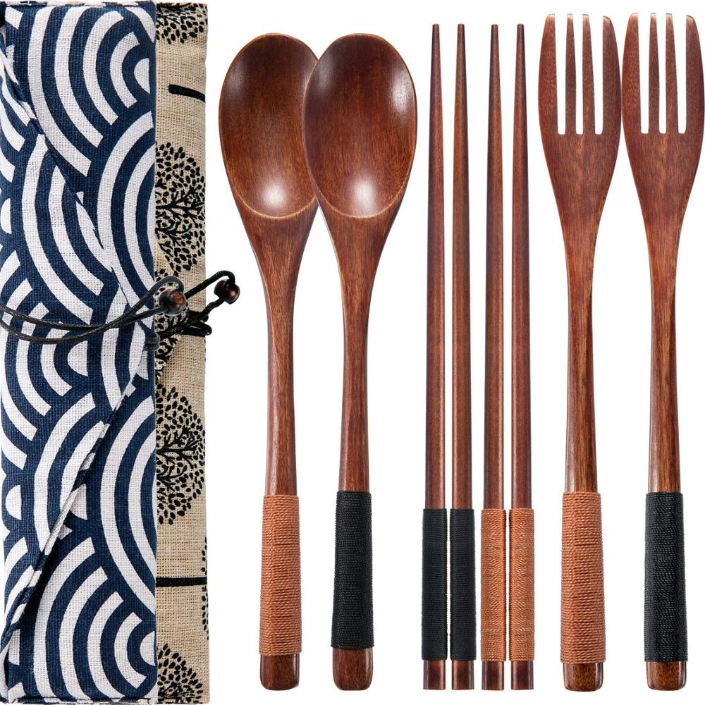 Set di utensili riutilizzabili da viaggio in acciaio inossidabile, forchetta da campeggio con custodia, bacchette e posate in paglia, set di posate portatili