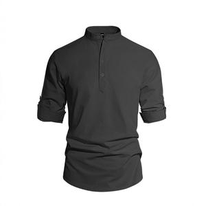 <span class=keywords><strong>Chemise</strong></span> tricotée décontractée pour homme, col montant, manches longues, en coton et lin, couleur unie, grande taille, tendance automne - Product Image 2