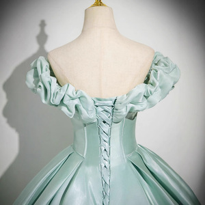 Off-the-Shoulder Satin Ball Gown Light Green Empire Waist Ruffles For Evening Events Adult Ceremonies Hosting Performances - Product Image 4