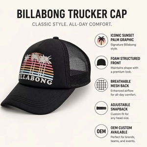 หมวกแก๊ปตาข่ายทรง Trucker ลายต้นปาล์มยามอาทิตย์อัสดง Billabong แบบวินเทจ สำหรับเล่นเซิร์ฟ ขายส่งจากโรงงาน รับผลิตแบบ OEM ขั้นต่ำสั่งซื้อน้อย - Product Image 4