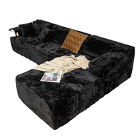 Canapé modulable en L minimaliste moderne, ensemble de fauteuils en tissu velours côtelé noir, assise profonde confortable en éponge, non assemblé