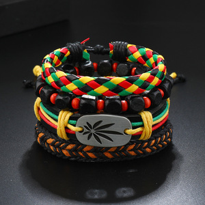 Ensemble de bracelets tressés en fer rouge, vert et jaune style Jamaïque avec breloque en alliage feuille d'érable et pierre naturelle - Product Image 3