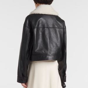 Nouvelle arrivée, veste en cuir pour femme, veste en cuir courte décontractée, veste en cuir vintage élégante avec col en fourrure - Product Image 2