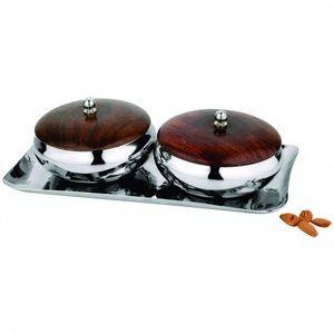 Ensemble de 3 bols à collation de créateur avec trey et couvercle en bois Conteneur de stockage de collations en acier inoxydable au prix de gros - Product Image 1