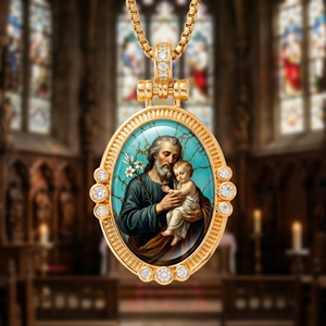 Regalo per <span class=keywords><strong>la</strong></span> Festa del Papà Cattolico: Ciondolo Religioso in Ottone con Turchese e Catena Figaro, Intercambiabile, San Giuseppe Patrono delle Famiglie - Product Image 1