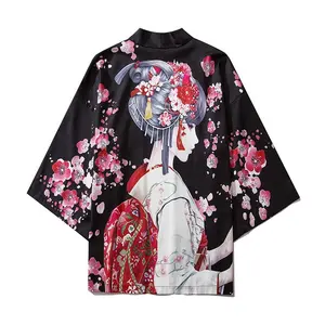 Harajuku Japanese Fashion Kimono 2023 White Black Men and Women Cardigan Blouse Haori Obi Asian Clothes Samurai