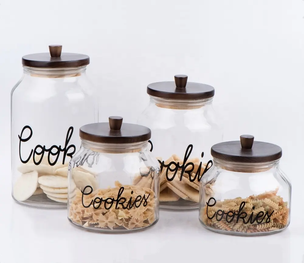 4L, 3L, 2L, 1.6L wide mouth glass cookie jar with wooden lid and decal printing (CCP698K2 )