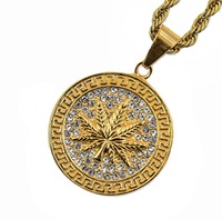 Pendentif en acier inoxydable 316L avec zircon, pendentif rond à motif grec avec feuille, pavé complet de CZ, plaqué or 18K PVD, hypoallergénique