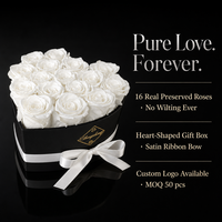 Boîte en forme de cœur de luxe avec 16 roses blanches préservées, fleur éternelle, ruban, cadeau de mariage, Saint-Valentin, anniversaire, vente en gros, personnalisable