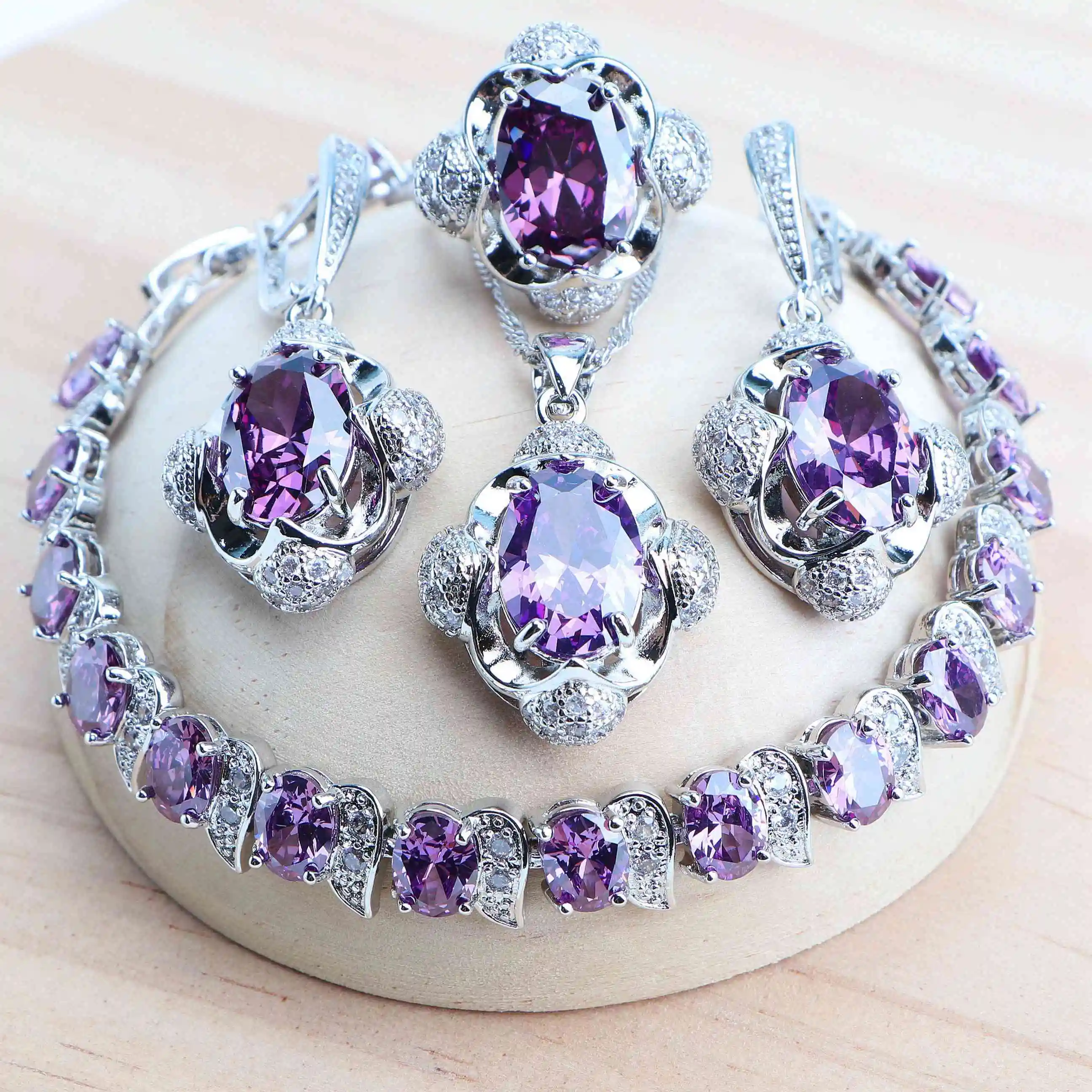 925 Silver Purple Zircon Bridal Jewelry Sets Wedding Costume Stone Bracelets Set For Women Pendant Necklace Earrings Rings