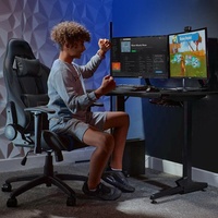 Chaise de jeu classique en similicuir noir avec base en nylon, support lombaire ergonomique, inclinaison réglable et accoudoirs 2D pour ensembles table et chaise