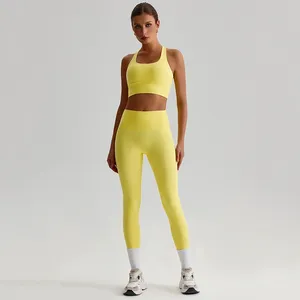 Women's High-Waisted Tummy-Control Naked-Feel Sports Bra Butt-Lifting Seamless Workout Outfit Backless Running Yoga Set Print
