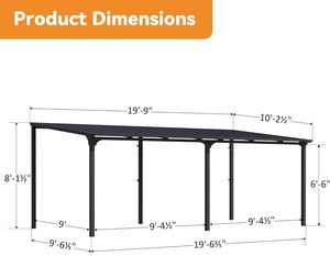 Gazebo mural 10'x20', pergola inclinée avec toit en acier galvanisé et gouttière <span class=keywords><strong>de</strong></span> drainage, gazebo extérieur robuste - Product Image 2