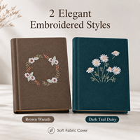 Carnet à couverture rigide en tissu brodé, couverture en lin marron et turquoise, broderie main couronne de marguerites, pages vierges en kraft, cadeau, OEM, vente en gros