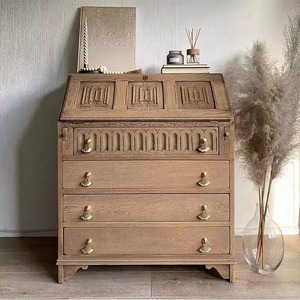 <b>Gothic</b> Carved Distressed Solid Oak Secretary Bureau Vintage French Farmhouse Flip Top Writing Desk Chest With 4 Drawers <b>Bedroom</b> - Product Image 2