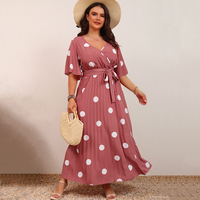 Robe longue fluide en mousseline de soie écologique, coupe trapèze, froncée, grande taille, pour femme, col en V court, taille empire à nouer, à pois, vente en gros pour l'été