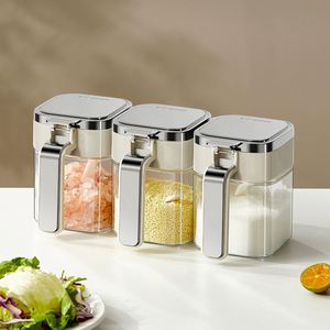 <b>Square</b> Food Seasoning Storage Box Clear Condiment Canister Container Salt Pepper Sugar Stainless Steel Lids Glass <b>Spice</b> <b>Jars</b> - Product Image 1