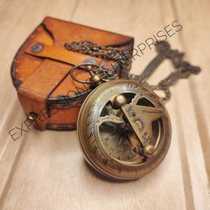 Brass Sundial <b>Compass</b> with Leather & <b>Chain</b> Portable Hanging Ring for Hiking Navigation - Product Image 5
