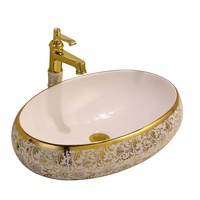 Lavabo de comptoir ovale en céramique de style européen, vasque simple à un trou, capacité 9L, doré, pour usage domestique