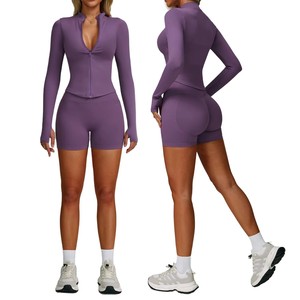 Veste de yoga pour femme style européen et américain, col montant, fermeture éclair, manches longues, coupe ajustée, en Spandex/Nylon, séchage rapide, anti-transpiration - Product Image 1