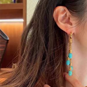 Boucles d'oreilles créoles à pampilles turquoise, laiton écologique plaqué or 18 carats, style bohème, longues chaînes, bijoux tendance pour femme, usage quotidien, décontracté, soirée - Product Image 2