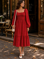 Nouvelle robe mi-longue décontractée pour femme, rouge à pois, col carré, manches longues, corsage smocké, jupe étagée en A