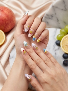 Ongles courts <span class=keywords><strong>en</strong></span> amande faits à la main, motif <span class=keywords><strong>arc</strong></span>-<span class=keywords><strong>en</strong></span>-<span class=keywords><strong>ciel</strong></span> <span class=keywords><strong>pastel</strong></span>, style français 3D, fruits fraise citron raisin, été, luxe, ongles <span class=keywords><strong>en</strong></span> gel artisanaux - Product Image 2