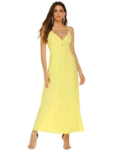 黄色のロングドレス女性エレガントなレディーススパゲッティストラップバックレスディナーカクテルドレス