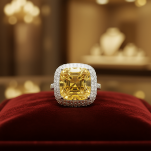 Anello da Cocktail Glamour con Pietra Gialla Taglio Cushion e Halo di Diamanti in Acciaio Inossidabile per Feste Femminili - Product Image 2