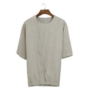 DF Breathable Soft Men's Cotton Linen Henley Shirt Short Sleeve Hippie Casual Comfort Beach Yoga T Shirts