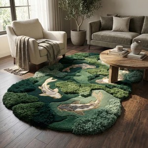 Premium Moss Green Koi Fish Wool Area <b>Rug</b> with Irregular Hand Tufted Abstract Pond Texture for Living Room Bedroom <b>Nursery</b> Kids - Product Image 6