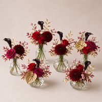 Rode gouden zijden handgemaakte, kleurechte kunstbloemen flesjesset, vintage Franse kleine bloemstukken voor bruiloft en diner