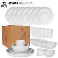 Assiettes, bols et tasses en plastique de paille de blé blanc cassé, service de vaisselle blanc pour 8 personnes, compatible micro-ondes, pour usage domestique